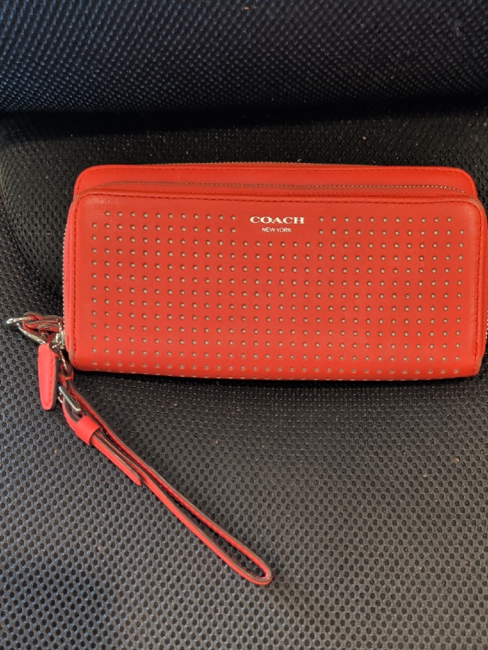 Coach Red Perforated Leather Wristlet with Silver Studs